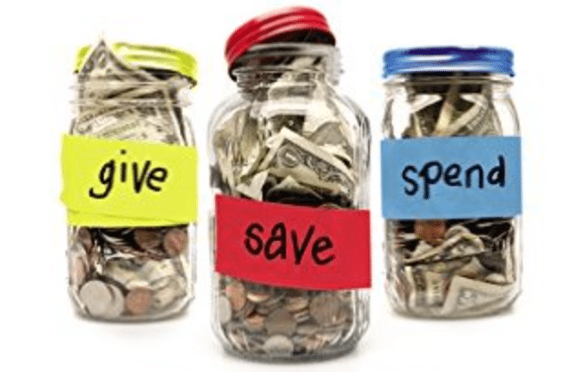Three jars with the labels "give," "spend," and "save" can be used as a tool for teaching kids about money management.