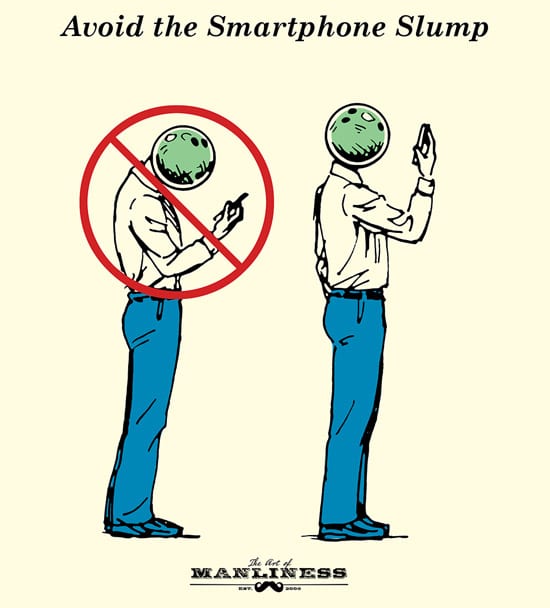 A man with ball head looking at smartphone posture illustration.