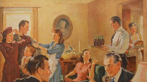 A 1944 painting of people enjoying coca cola in a living room.