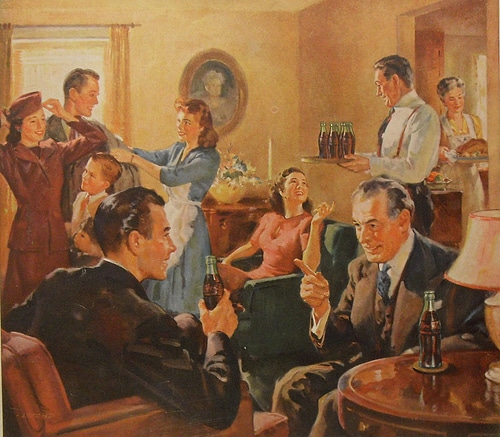 A 1944 painting of people enjoying coca cola in a living room.