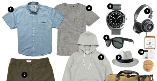 A Spring getaway outfit equipped with a t-shirt, shorts, and headphones.