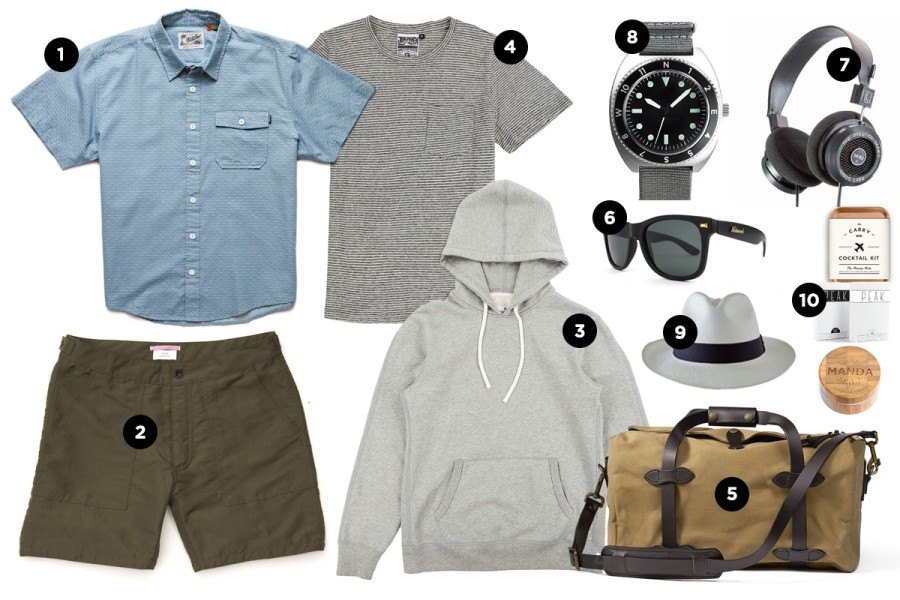 A Spring getaway outfit equipped with a t-shirt, shorts, and headphones.