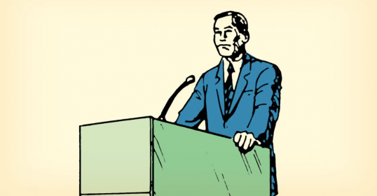A cartoon of a man giving a speech at a podium with confident posture.