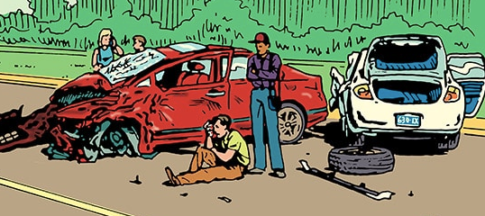 A cartoon illustration of a man standing next to a wrecked car, testing his situational awareness.