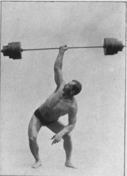 Strongman bodybuilder doing exercise for barbell bent press illustration.
