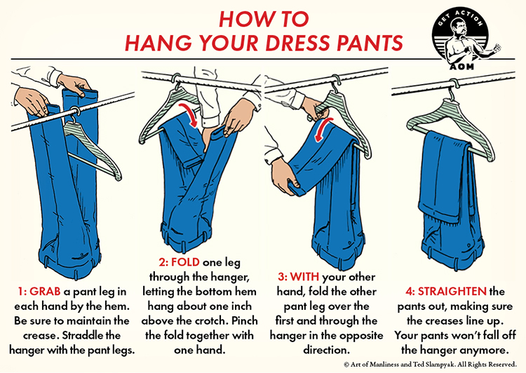 Discover the skill of the week: a step-by-step guide to perfectly hang dress pants. Follow four stages—grabbing, folding, hanging, and straightening—to prevent creases and keep your attire looking sharp with ease.