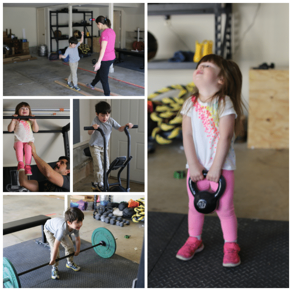 littlekids playing in home gym lifting weights 