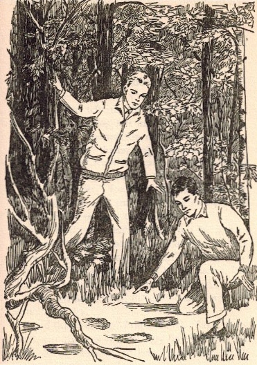 The boys finding footprints in the woods illustration.