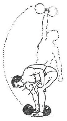 Strongman bodybuilder doing exercise for one arm dumbbell illustration.