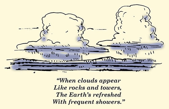 Clouds like rocks and towers weather proverb illustration.