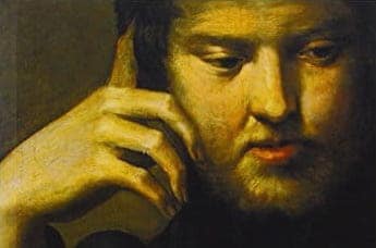 A painting of a bearded man deep in thought with his hand on his chin, contemplating life's joys.