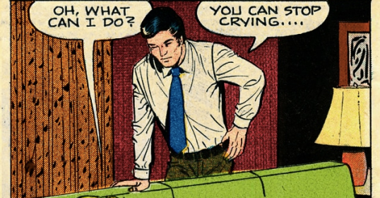 A comic strip featuring a woman crying on a couch, seeking comfort.