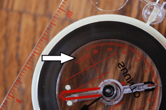 Declination marks on compass.