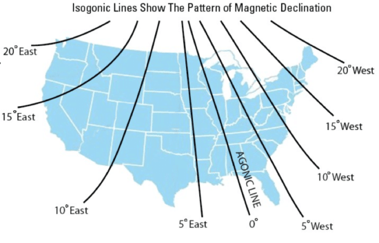 Isogonic lines show magnetic declination.