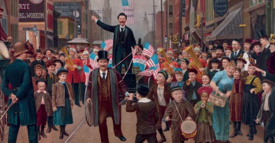 A painting of a group of people on a street.