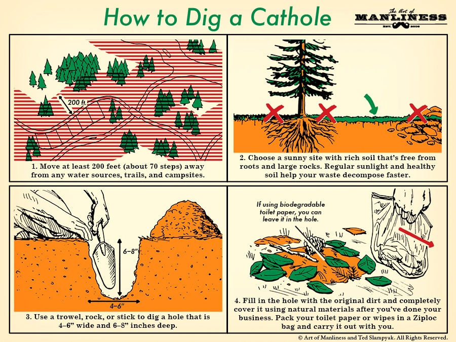 How to dig a cathole poop in the woods illustration.