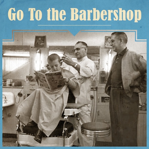 Vintage Father and Child on Barber Shop. 