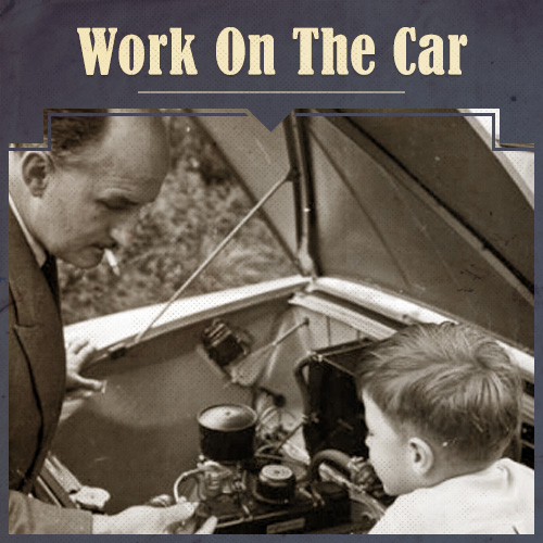 Vintage Father and Child Working on Car.