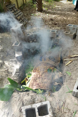 Men enjoying night party with roasted pig.