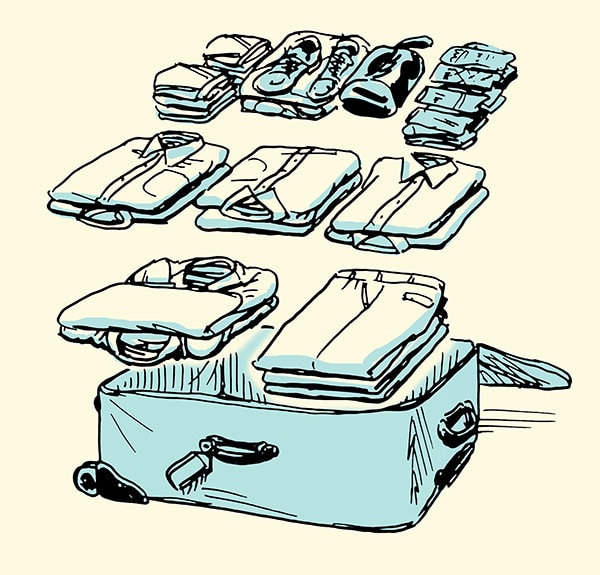 How to pack a suitcase for a business trip illustration. 