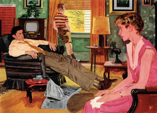 Family sitting around in hot house trying to stay cool illustration.