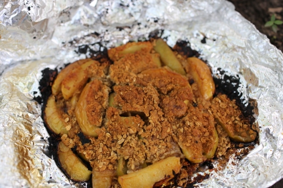 Apple crisp in tin foil campfire dessert.