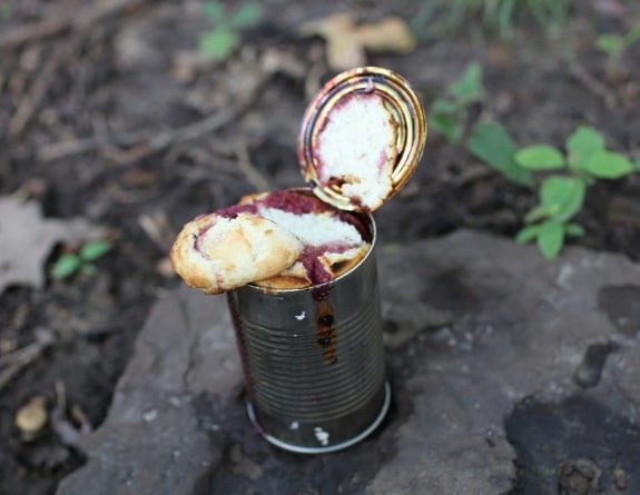 Cobbler in a can campfire dessert.