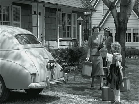 Vintage family leaving house on vacation with suitcases.