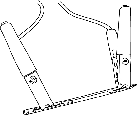 Jumper cable pencil fire survival hack illustration.