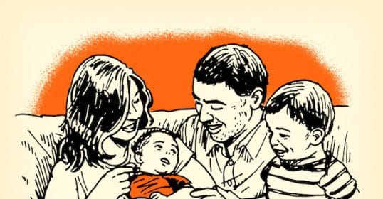 A drawing of a family with Kid #2 on the couch.