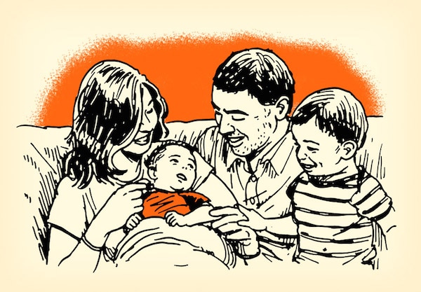 Family sitting with newborn baby on couch illustration.