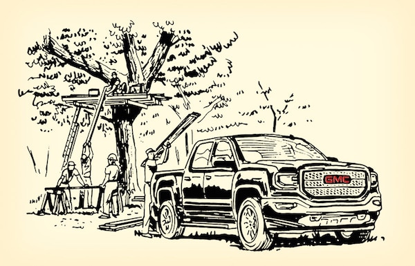 A black and white drawing of a truck and a tree.