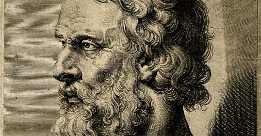 An engraving of a bearded man reflecting on life.