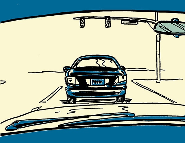 Car stopped at stoplight illustration.