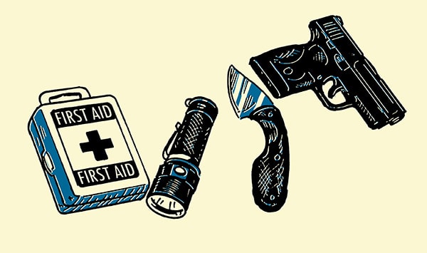 Personal defence edc first aid kit knife gun flashlight illustration.