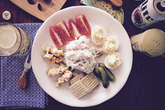 Homemade Chicken Salad Plate with deviled eggs okra tomatoes.