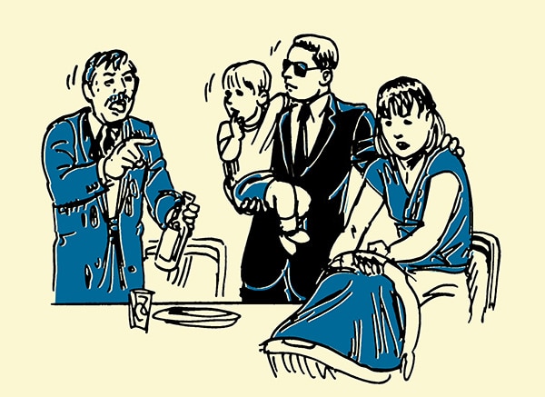 Family being accosted by drunk man illustration.