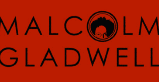 Logo with Malcolm Gladwell on a red background highlighting his podcast.