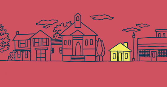 A drawing of a city with trees on a red background.