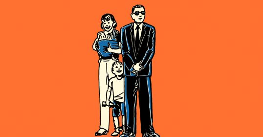 A cartoon of a man and woman standing next to each other, depicting a family.