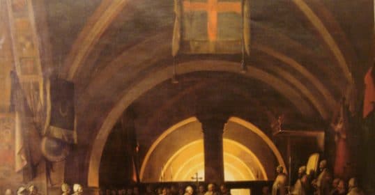 A painting depicting a group of people in robes, perhaps symbolizing Christianity.