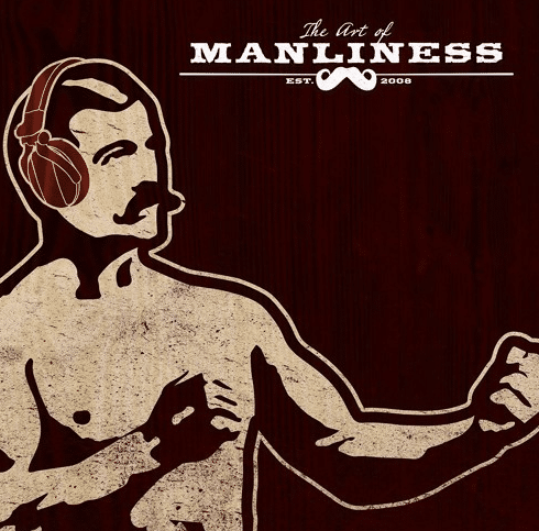 Art of manliness podcast logo of shirtless man wearing headphones.