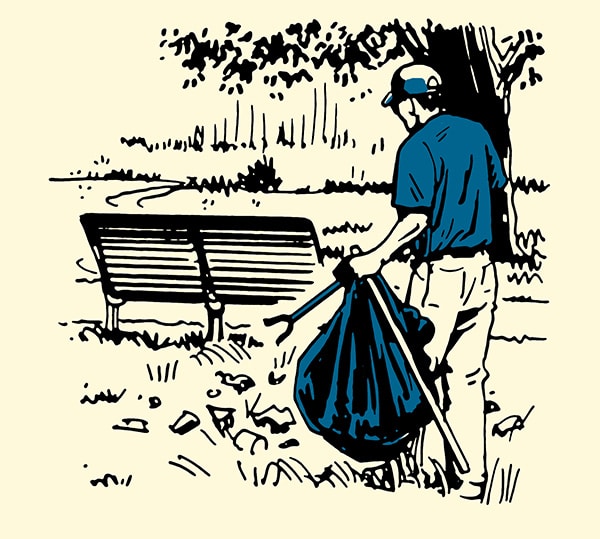Man cleaning up volunteering at park illustration.