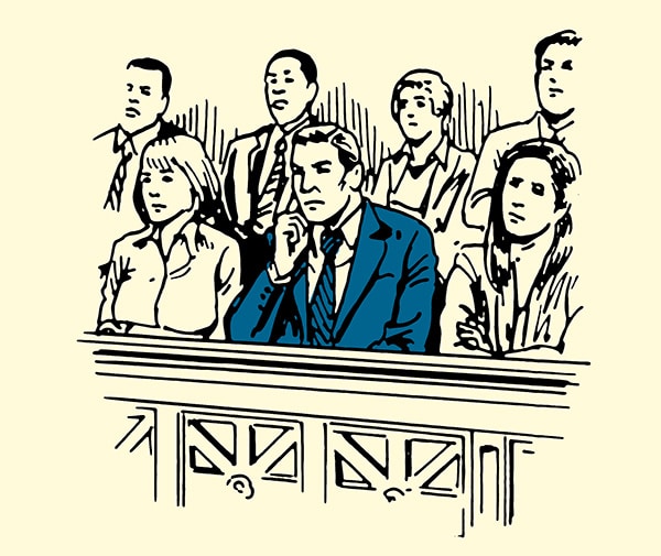 Businessman man in suit sitting in jury box illustration.