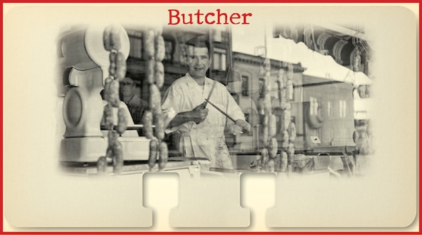 Vintage Butcher working in Shop.