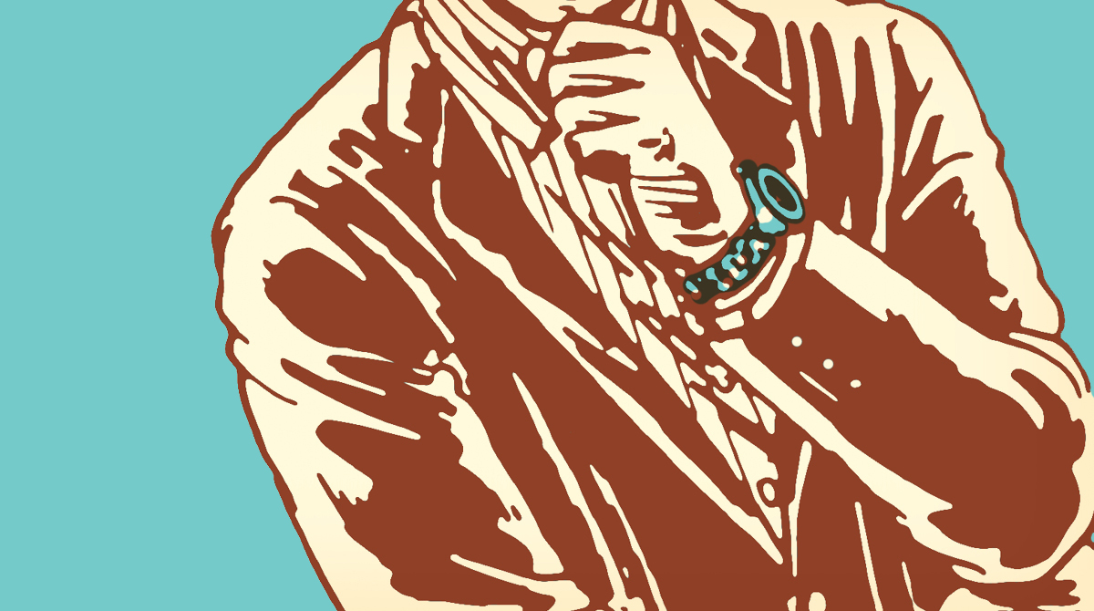 An illustration of a man in a suit, showcasing the latest wristwatch model.