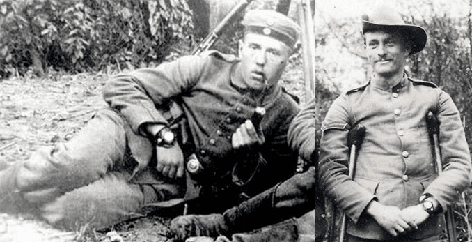 Vintage soldiers wearing pocket watch wrist-let.