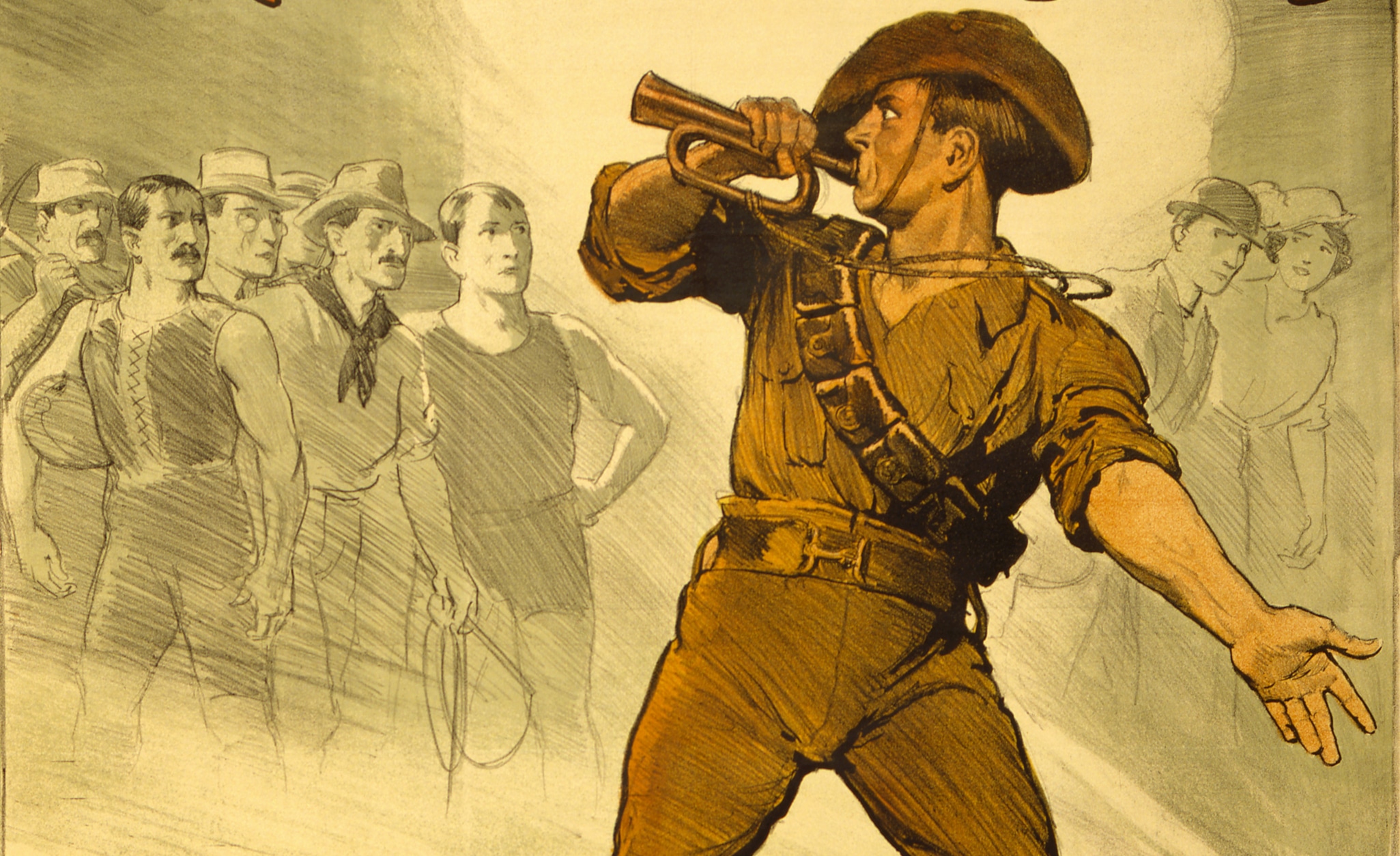 A poster with a man in a cowboy hat taking action.