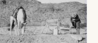 A man stands next to a horse in the desert, embodying a mythic scene of scarcity.