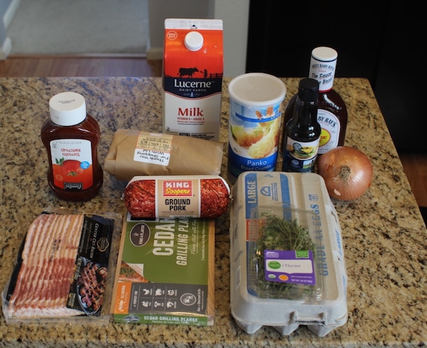 Homemade bacon wrapped meatloaf ingredients on the table.